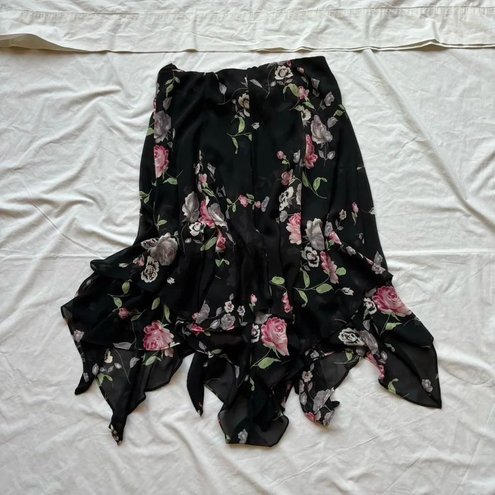 CHAPS black floral ruffle asymmetrical midi skirt handkerchief hem sheer overlay